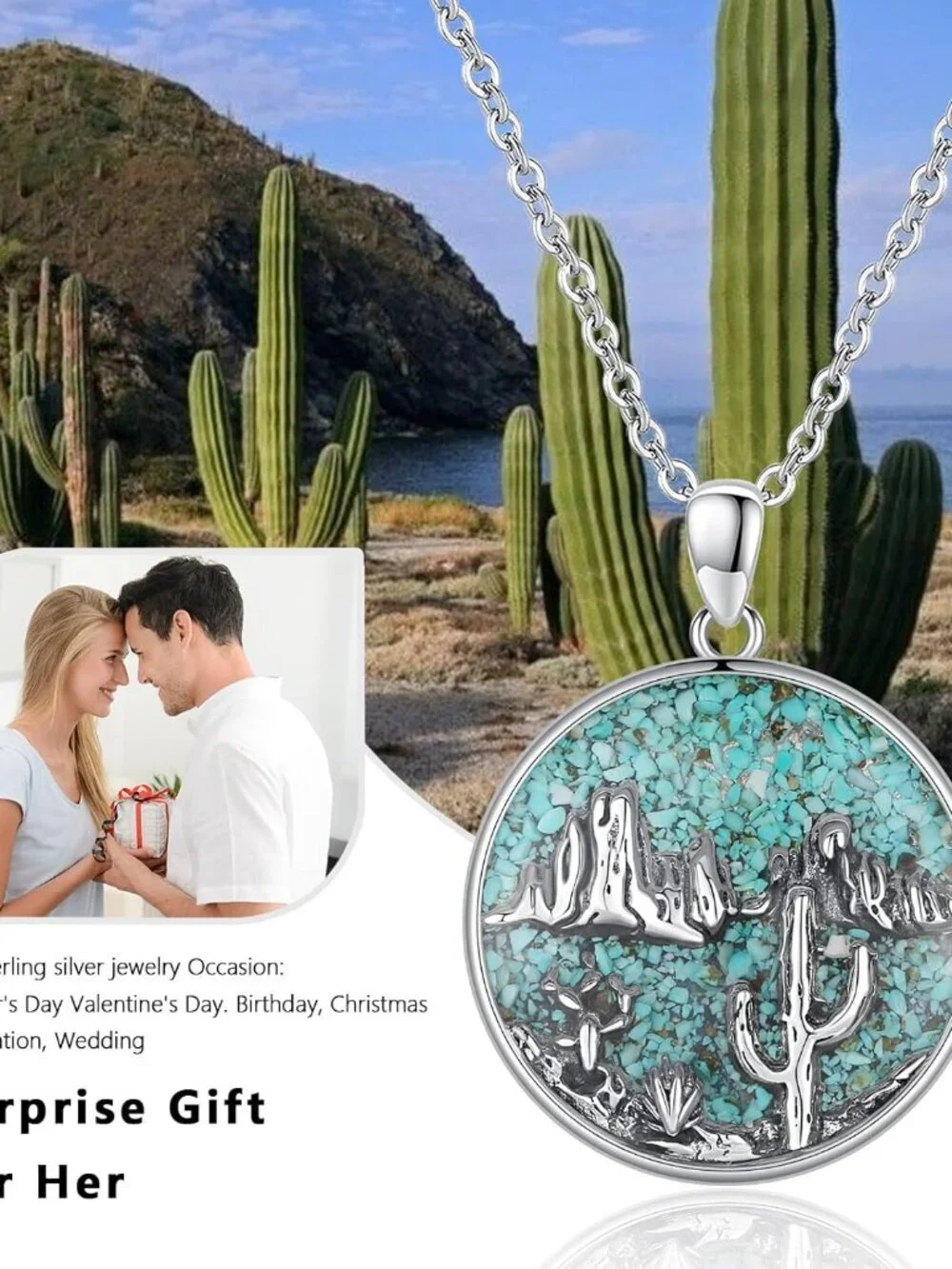 Women's Cactus A Sterling Turquoise Pendant Highland Cow Skull Western Necklace